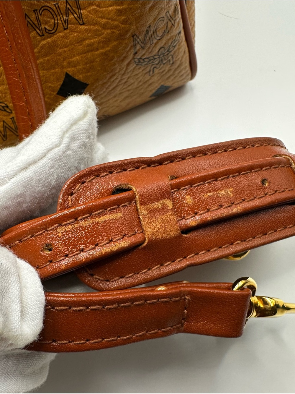 MCM Visetos Cognac Monogram Satchel with Red-Brown Handles - Picture 11 of 16